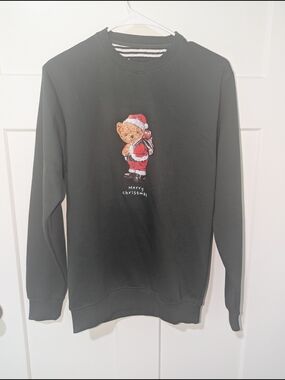 Denim & Flower Black Crewneck Sweater with Teddy Bear Holiday Embroidery